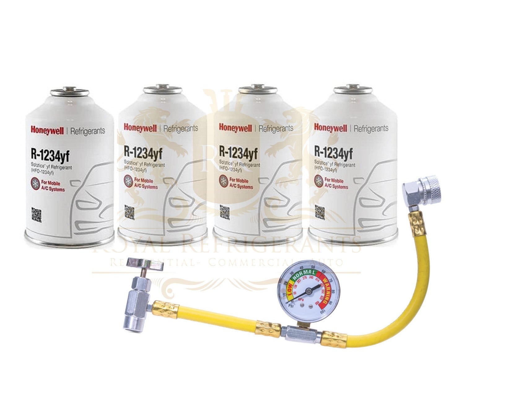 Honeywell Genuine 8oz R1234YF Refrigerant (4 8oz Cans) & Hose with Gauge